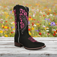White Diamonds Women's Paisley Embroidered Nubuck Square Toe Cowgirl Boots – Black