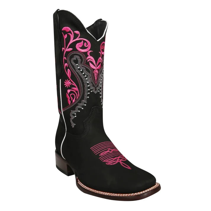 White Diamonds Women's Paisley Embroidered Nubuck Square Toe Cowgirl Boots – Black