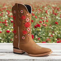 White Diamonds Women's Rose Embroidered Nubuck Square Toe Cowgirl Boots – Taupe