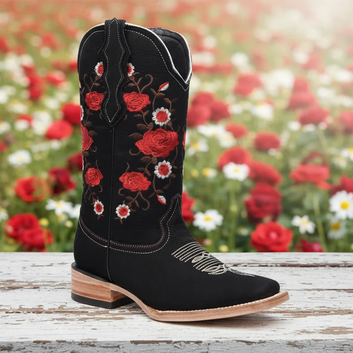 White Diamonds Women's Rose Embroidered Nubuck Square Toe Cowgirl Boots – Black