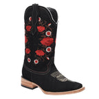 White Diamonds Women's Rose Embroidered Nubuck Square Toe Cowgirl Boots – Black