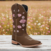 White Diamonds Women's Rose Embroidered Nubuck Square Toe Cowgirl Boots – Tobacco