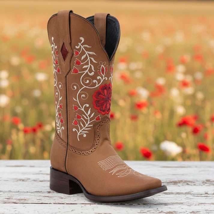 White Diamonds Women's Floral Embroidered Crazy Leather Square Toe Cowgirl Boots – Tobacco