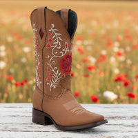 White Diamonds Women's Floral Embroidered Crazy Leather Square Toe Cowgirl Boots – Tobacco
