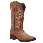 White Diamonds Women's Floral Embroidered Crazy Leather Square Toe Cowgirl Boots – Tobacco