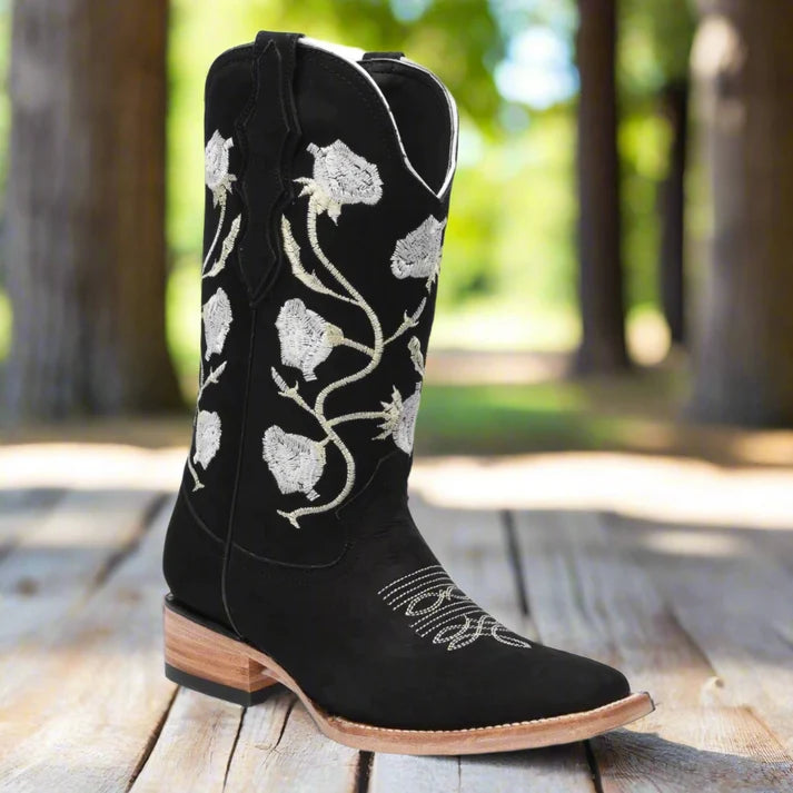 White Diamonds Women's Rose Embroidered Nubuck Square Toe Cowgirl Boots – Black