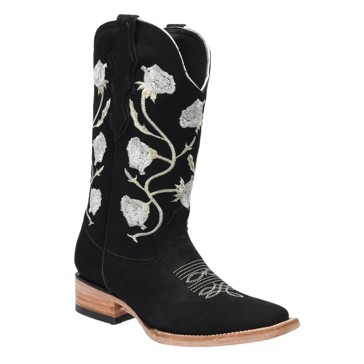 White Diamonds Women's Rose Embroidered Nubuck Square Toe Cowgirl Boots – Black