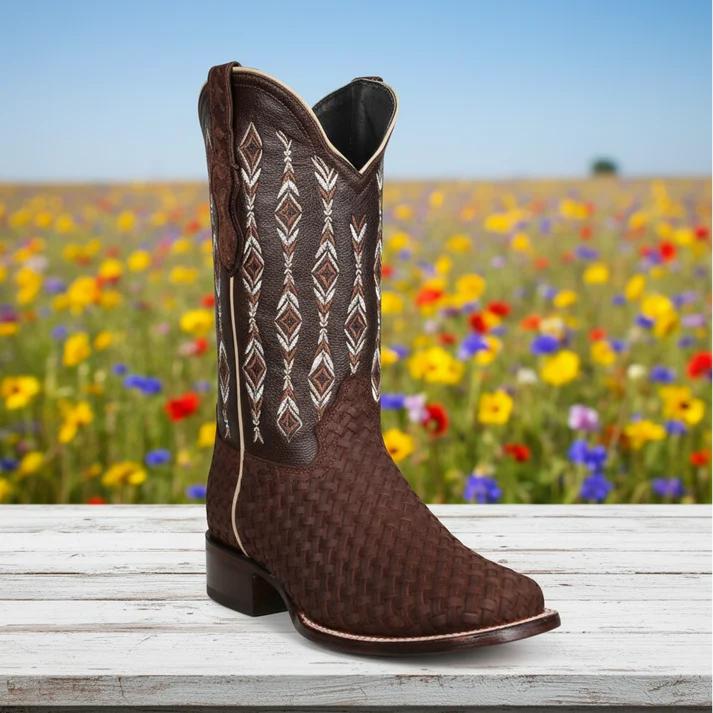 White Diamonds Women's Woven Leather Square Toe Rodeo Cowgirl Boots – Brown