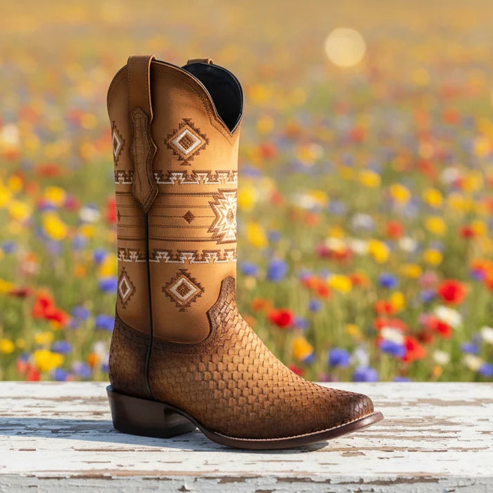 White Diamonds Women's Woven Leather Square Toe Rodeo Cowgirl Boots – Smoke Taupe