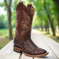White Diamonds Women's Hand-Tooled Leather Square Toe Rodeo Cowgirl Boots – Brown