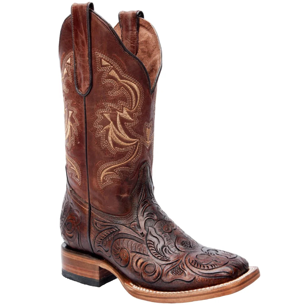 White Diamonds Women's Hand-Tooled Leather Square Toe Rodeo Cowgirl Boots – Brown