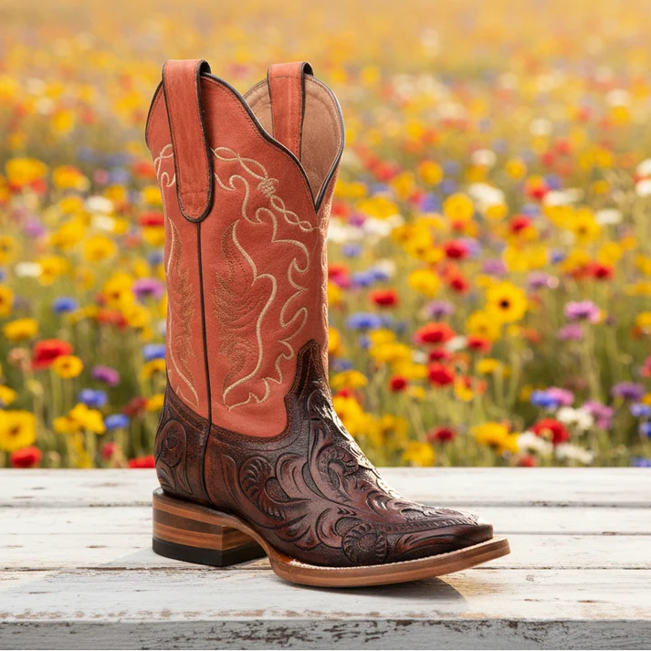 White Diamonds Women's Hand-Tooled Leather Square Toe Rodeo Cowgirl Boots – Cognac