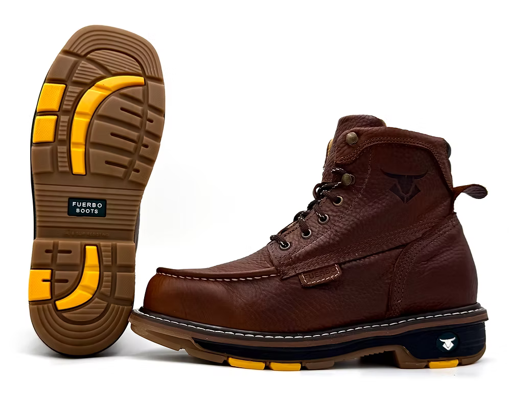 Brown leather boot with yellow sole on a white background