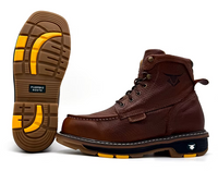 Brown leather boot with yellow sole on a white background