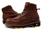 Pair of brown leather boots with visible brand logo on a white background
