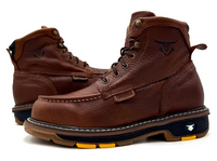 Pair of brown leather boots with visible brand logo on a white background