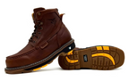 Brown leather boots with yellow sole on a white background