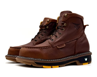 Pair of brown leather boots with yellow accents on a white background