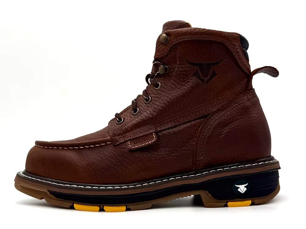 Brown leather boot with yellow accents on a white background