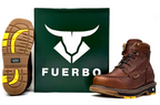 Brown boot with yellow sole and black sole, Fuerbo logo in the background