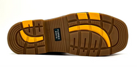 Brown and yellow sole of a shoe with a visible brand logo on a white background