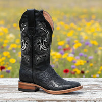 White Diamonds Women's Hand-Tooled Leather Square Toe Rodeo Cowgirl Boots – Black