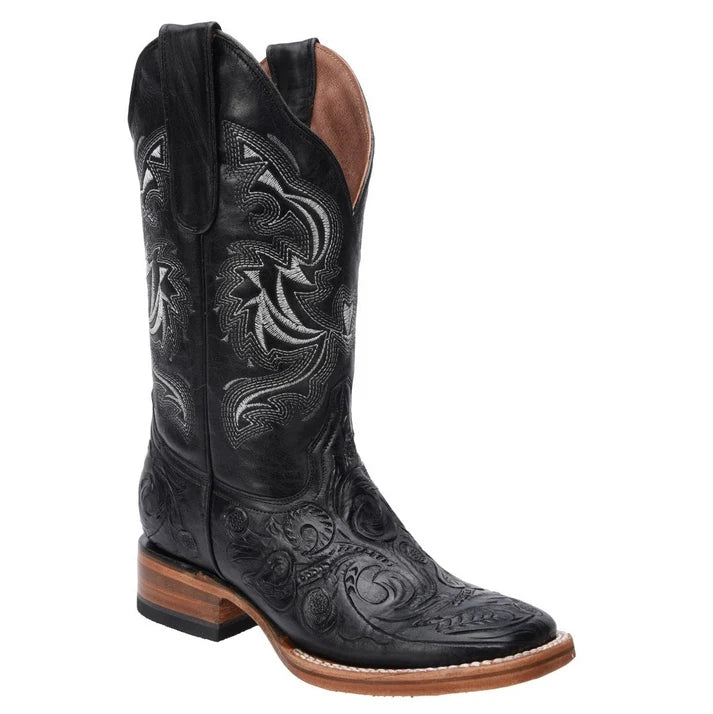 White Diamonds Women's Hand-Tooled Leather Square Toe Rodeo Cowgirl Boots – Black