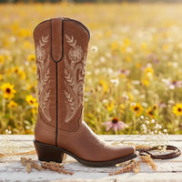 White Diamonds Women's Floral Embroidered Snip Toe Cowgirl Boots – Light Brown