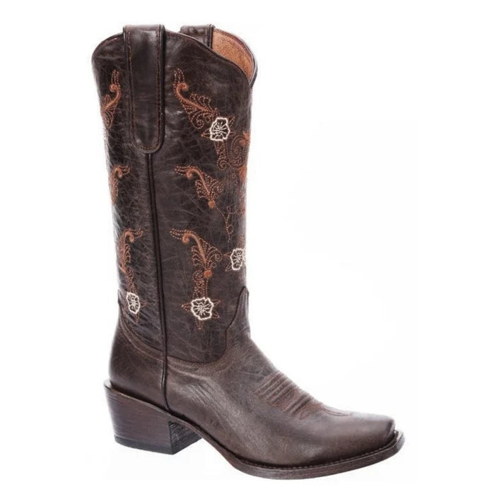 White Diamonds Women's Floral Embroidered Snip Toe Cowgirl Boots – Brown