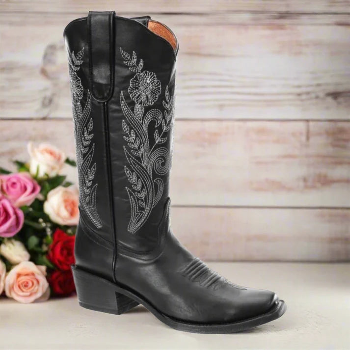 White Diamonds Women's Floral Embroidered Snip Toe Cowgirl Boots – Black