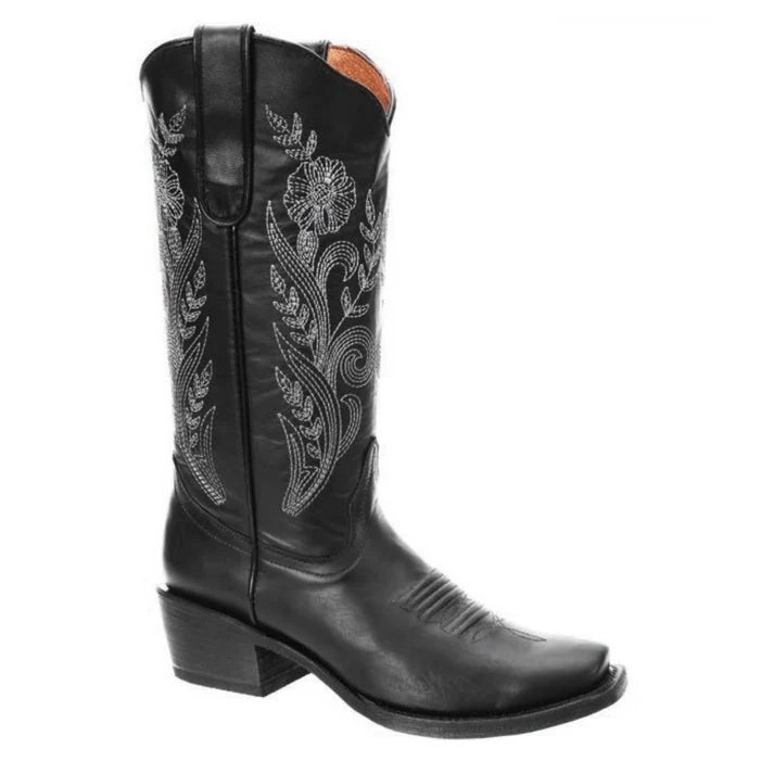 White Diamonds Women's Floral Embroidered Snip Toe Cowgirl Boots – Black