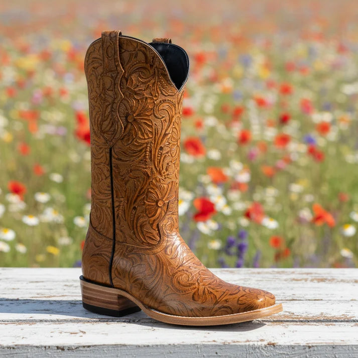 White Diamonds Women's Tooled-Print Leather Square Toe Rodeo Cowgirl Boots – Honey