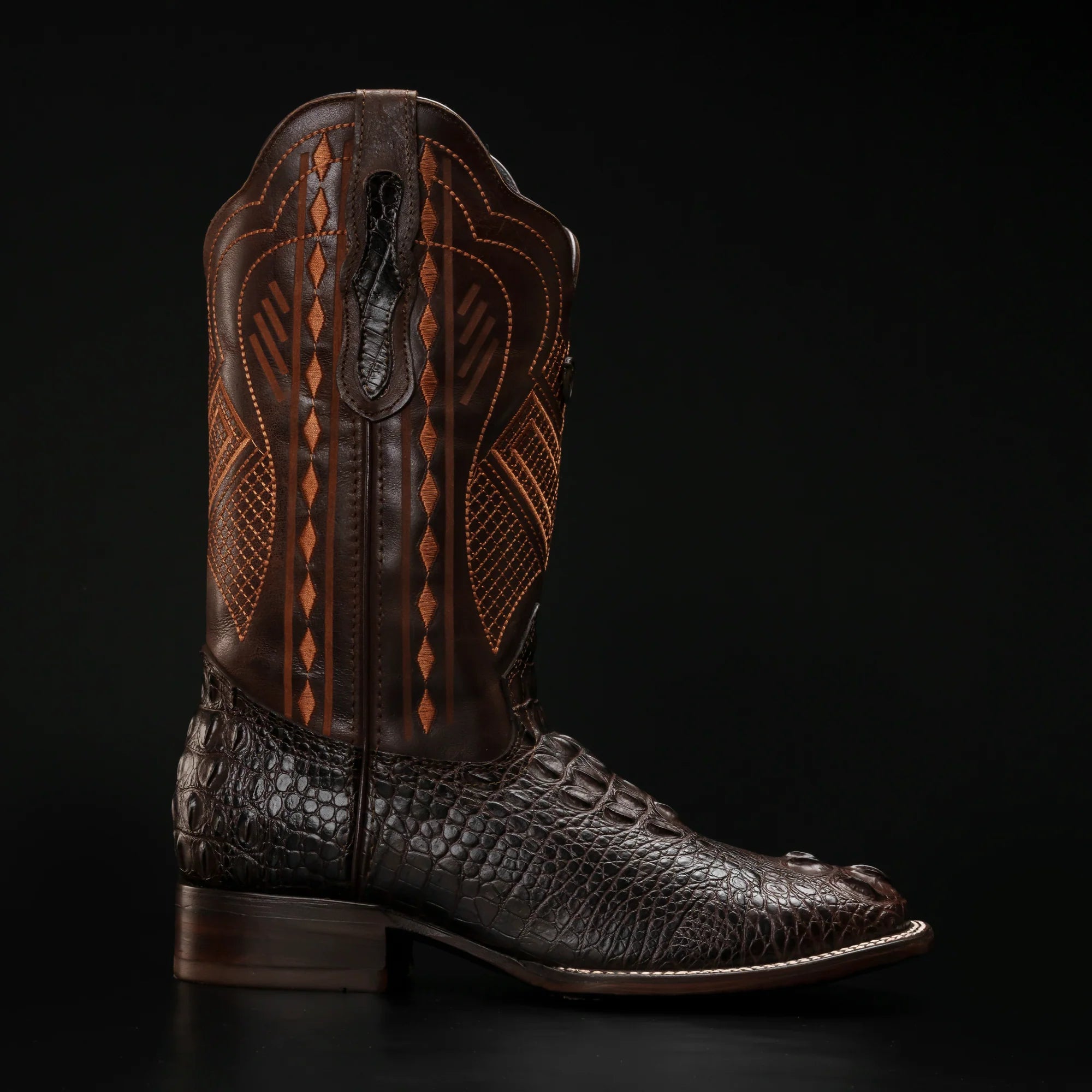 Rodeo Cartie Hornback Caiman Print Square Toe Cowboy Boots - Brown