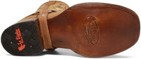 Close-up of a tan leather cow boy boot with a brand logo on the sole.