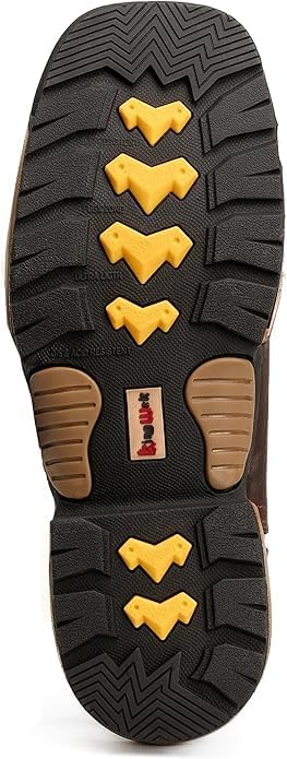 Close-up of a shoe sole with yellow accents and a brand logo on a white background