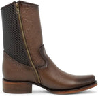 Side zipper detail on mid-calf leather boots