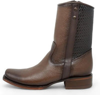 Side detail on mid-calf leather boots