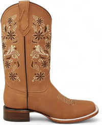 Tan cowboy boot with floral embroidery on a white background