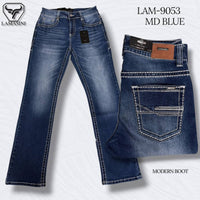 Men's Boot Cut Western Jeans – Stretch Denim Cowboy Pants – Medium Blue 9053