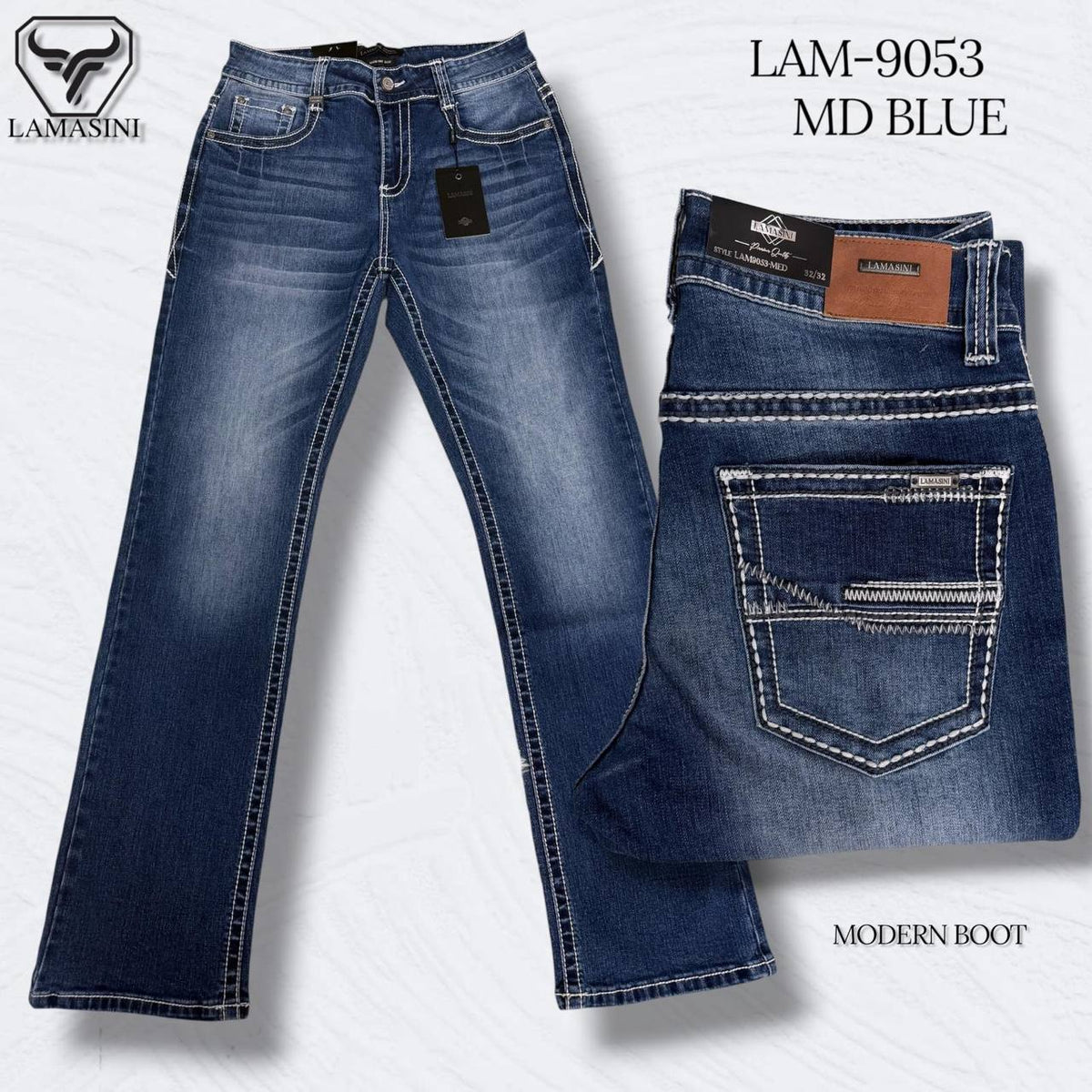 Men's Boot Cut Western Jeans – Stretch Denim Cowboy Pants – Medium Blue 9053
