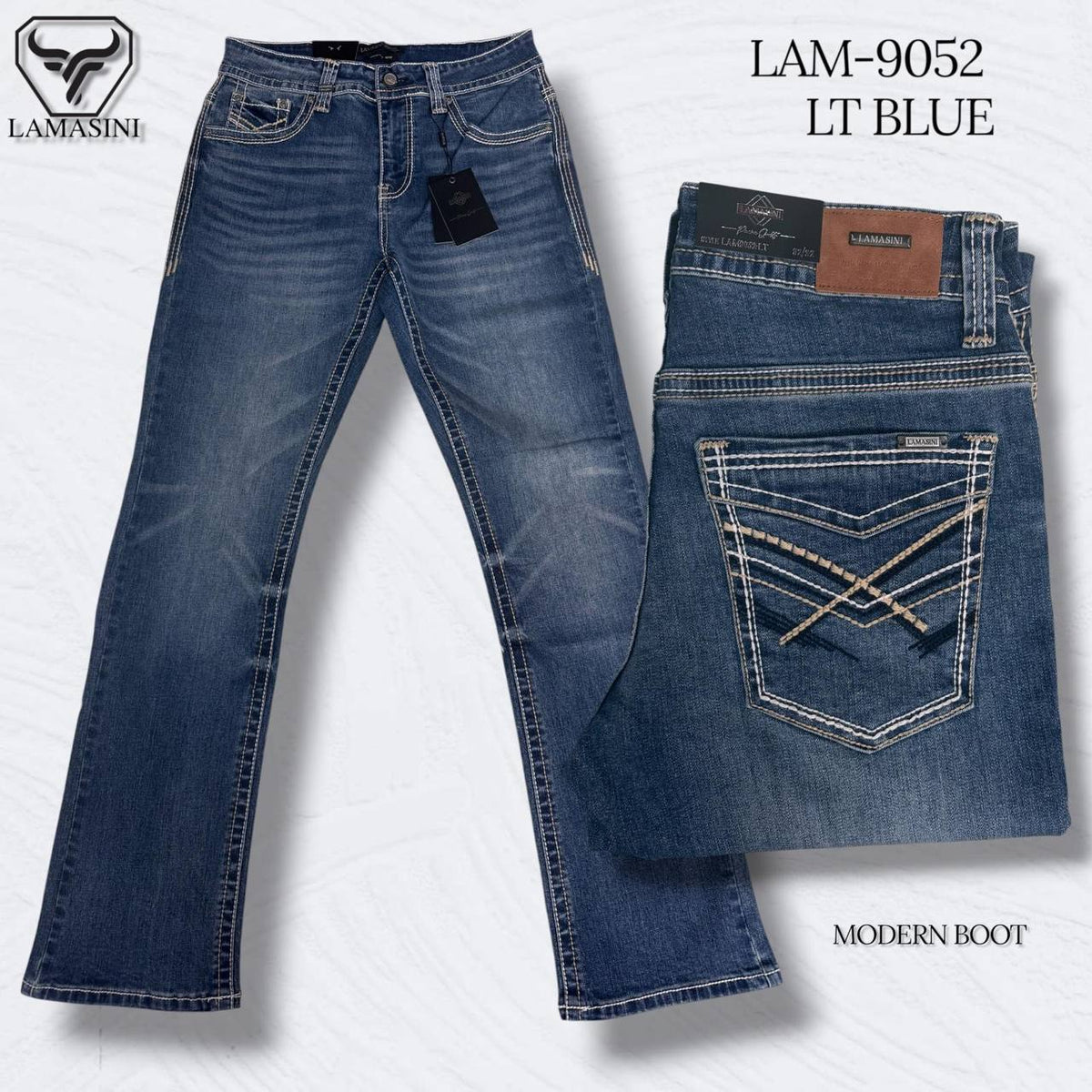 Men's Boot Cut Western Jeans – Stretch Denim Cowboy Pants –   Light Blue 9052