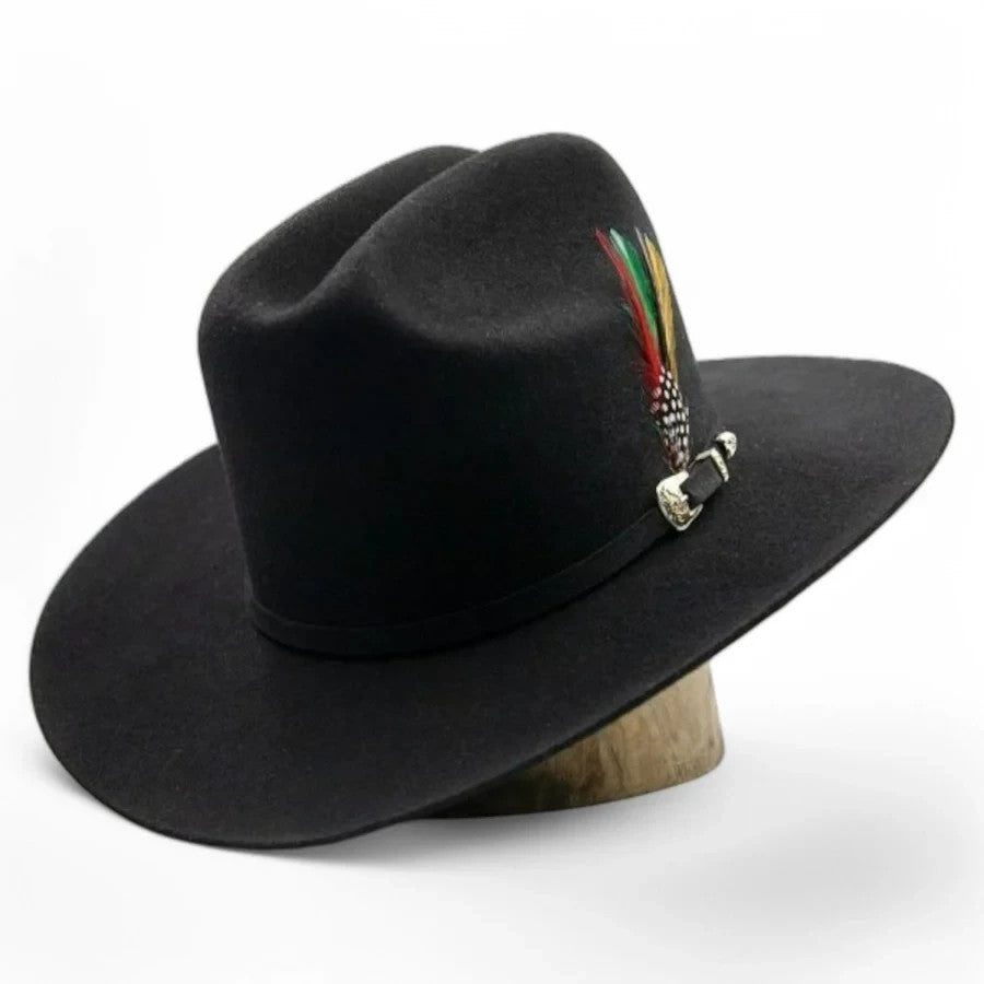 200X Estilo Carin Leon con Plumas Western Cowboy Felt Hat - Black
