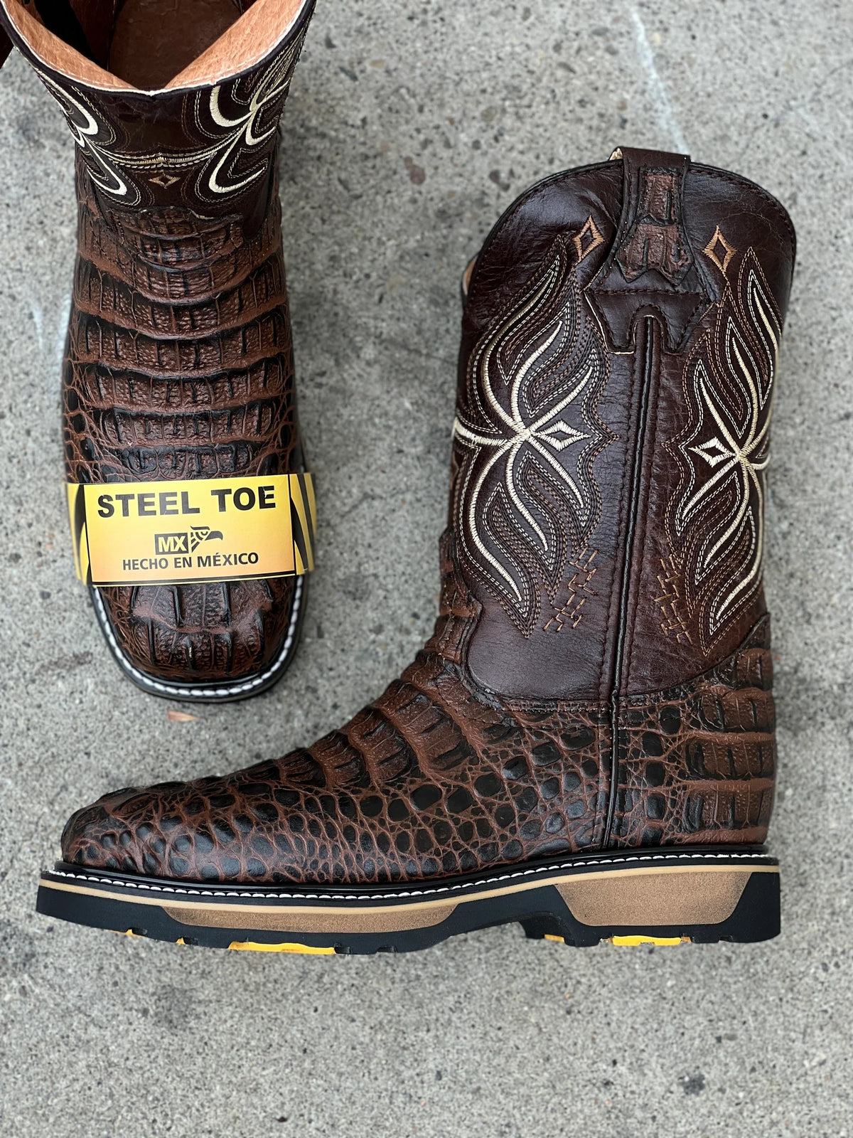 Patron Boots Caiman Print Square Toe Steel Toe Work Boots – Moka Brown