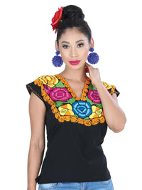 El General Women Artisanal Embroidered Blouse 100% Cotton Black/Orange 601404