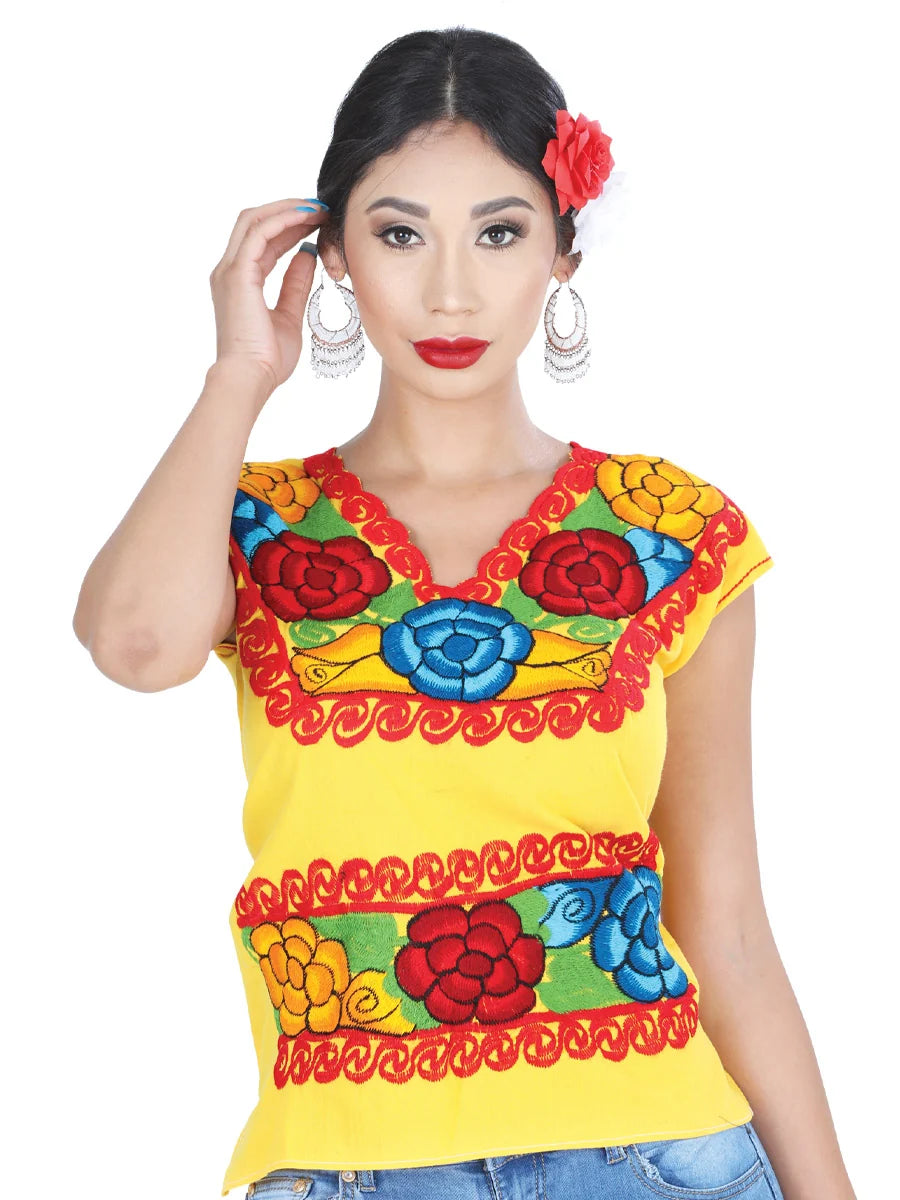 El General Women Artisanal Embroidered Blouse 100% Cotton Yellow 601412