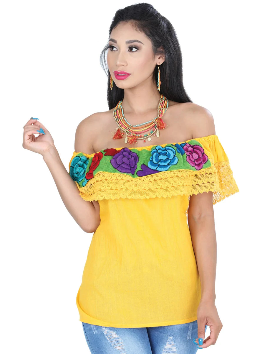 El General Women Artisanal Embroidered Blouse 100% Cotton Yellow 601425