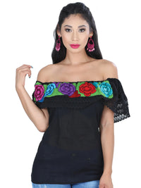 El General Women Artisanal Embroidered Blouse 100% Cotton Black 601427