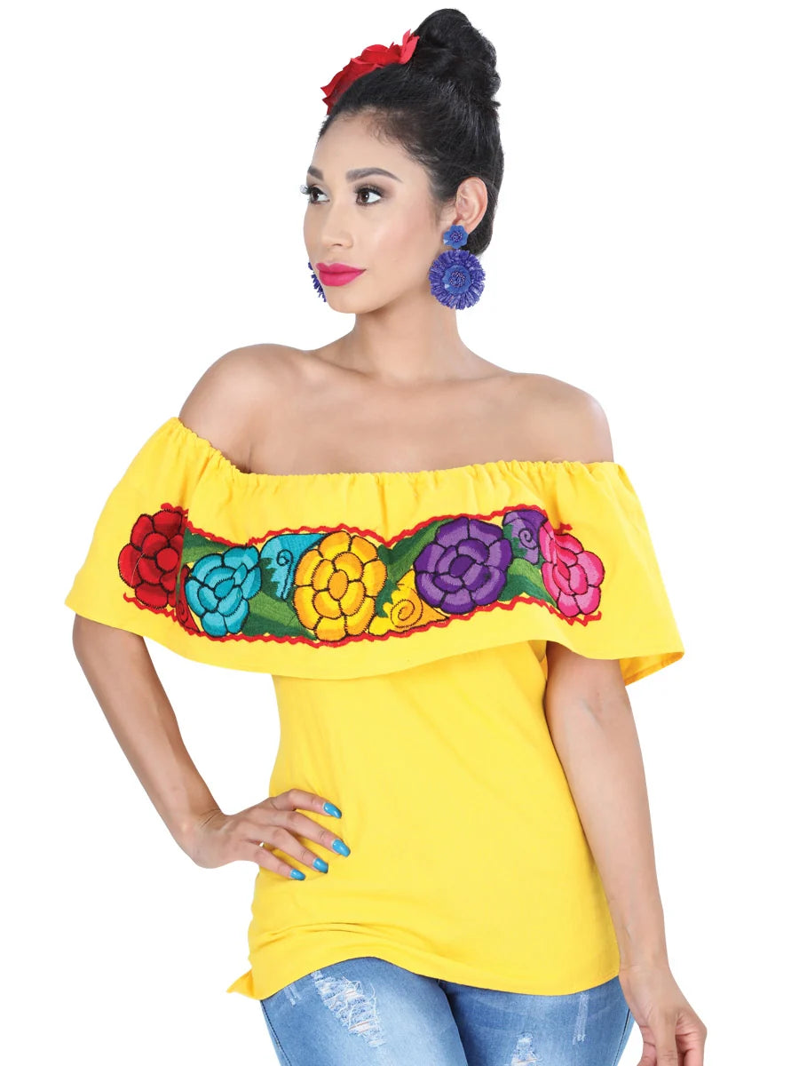 El General Women Artisanal Embroidered Blouse 100% Cotton Yellow 601434
