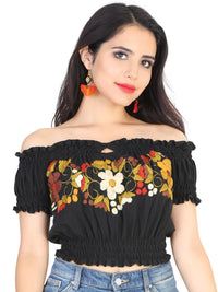 El General Women Artisanal Embroidered Blouse 100% Cotton Black 601984