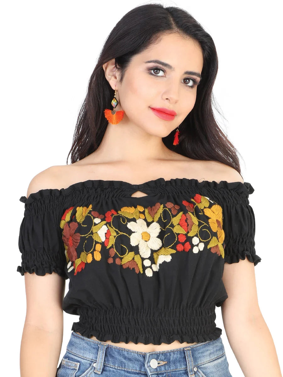 El General Women Artisanal Embroidered Blouse 100% Cotton Black 601984